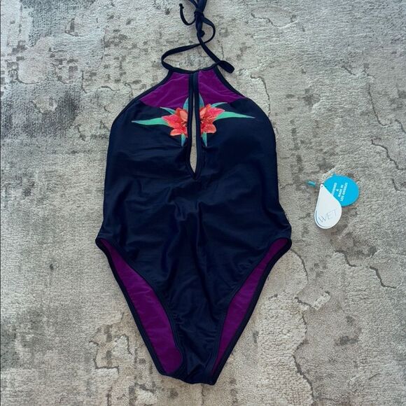 Black and Purple One Piece with Racerback and High-Cut Legs - Picture 1 of 10
